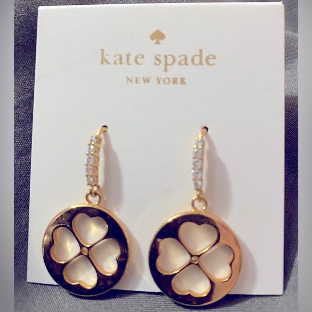 Auth New Kate Spade Gold 4 Leaf Heart Clover Drop Earrings